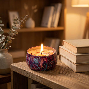 Bougie mandala bohème allumée pommes de pin table bois décoration