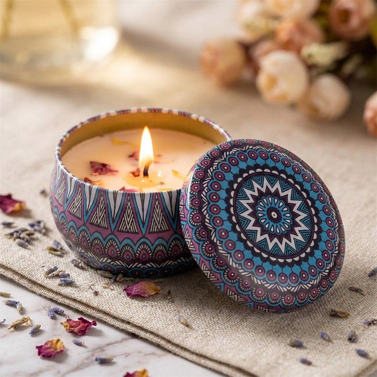 Bougie parfumée mandala beige boîte étain naturelle