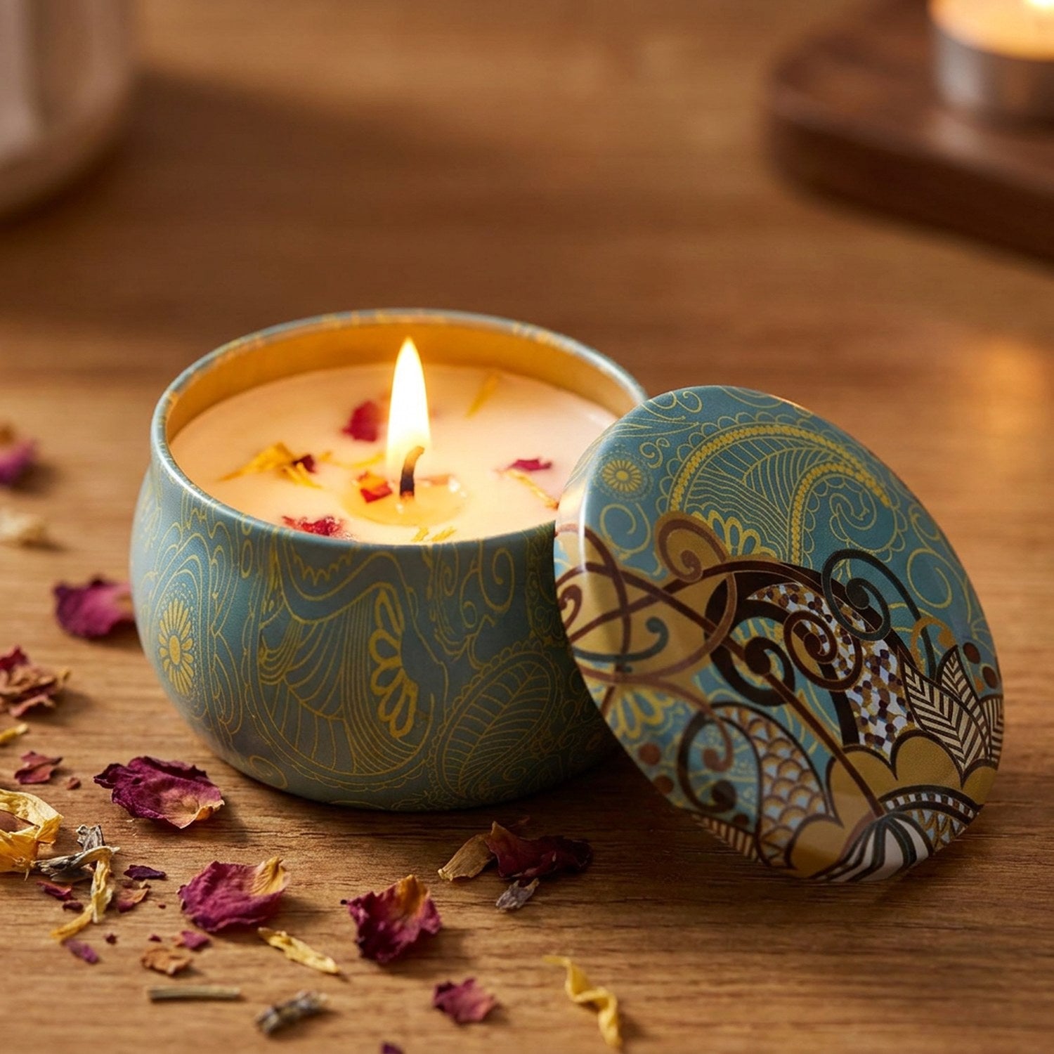 Bougie mandala crème blanc boîte étain cire de soja naturelle