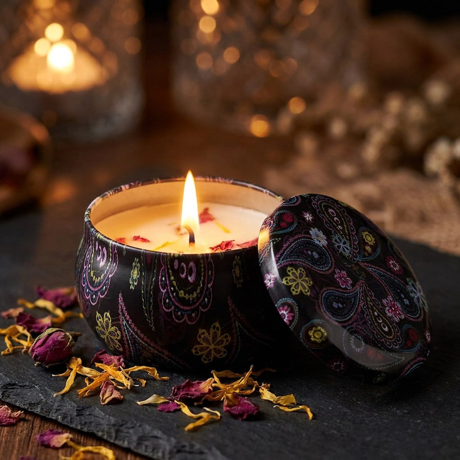 Bougie parfumée mandala grain de bois marron boîte étain