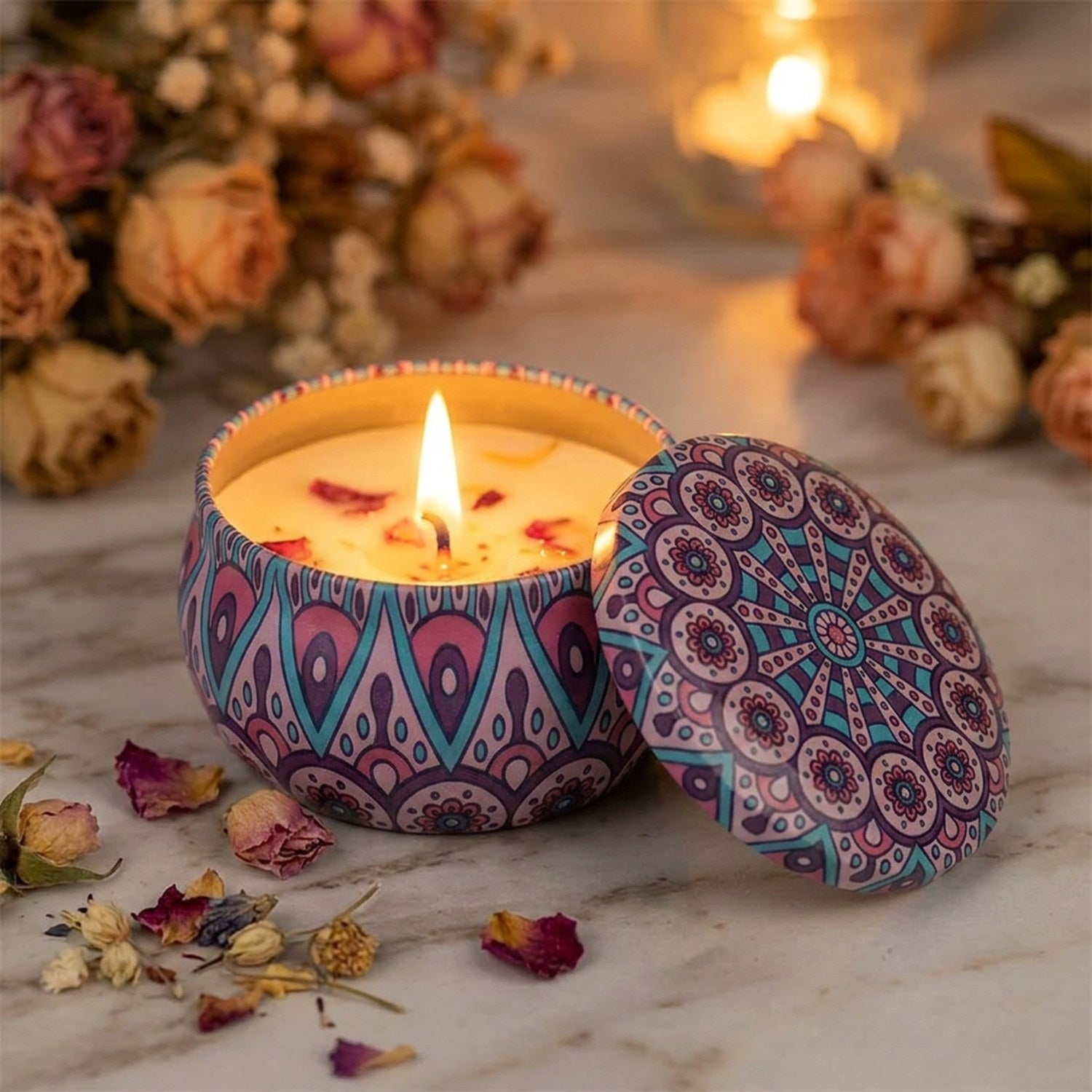 Bougie parfumée mandala multicolore arc-en-ciel boîte étain
