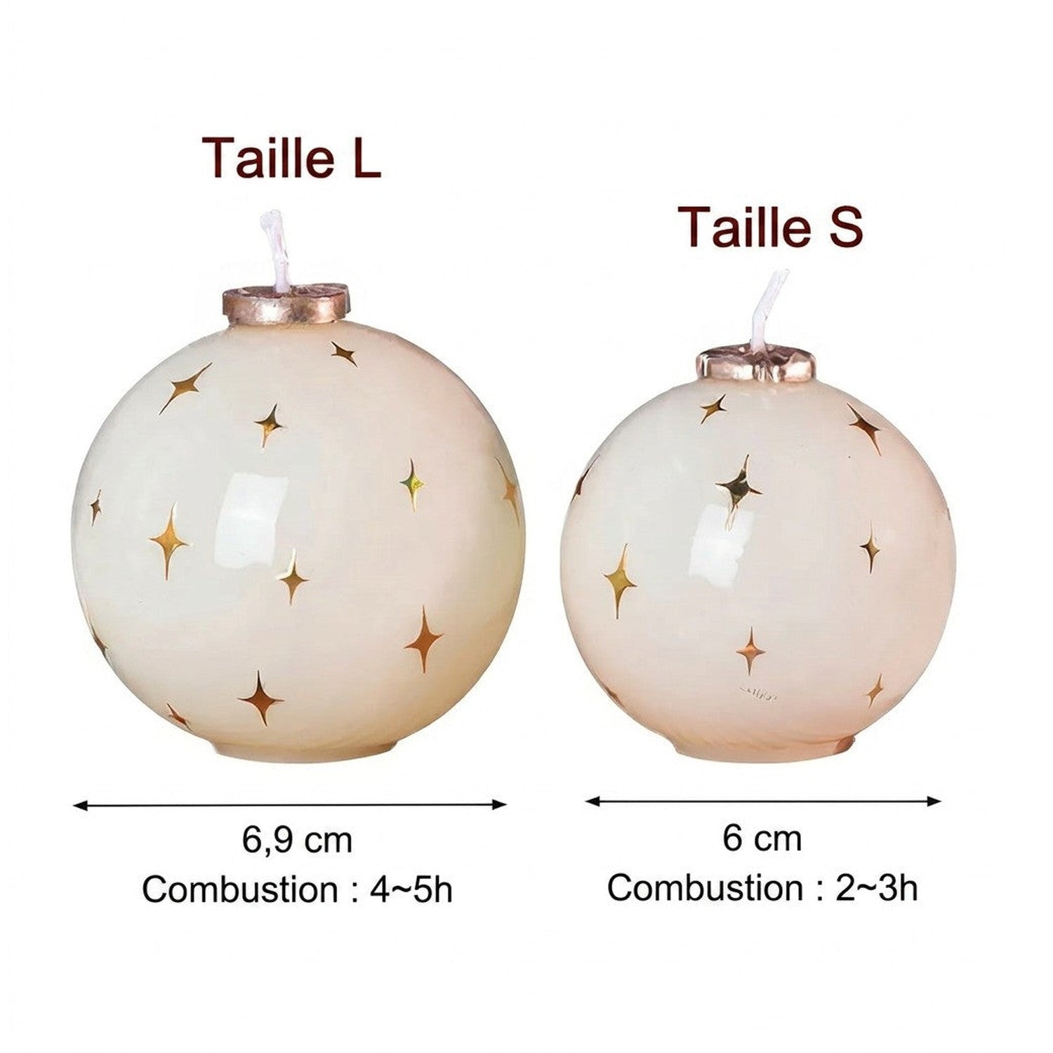 Schéma dimensions bougie boule Noël taille S 6 cm et L 6,9 cm