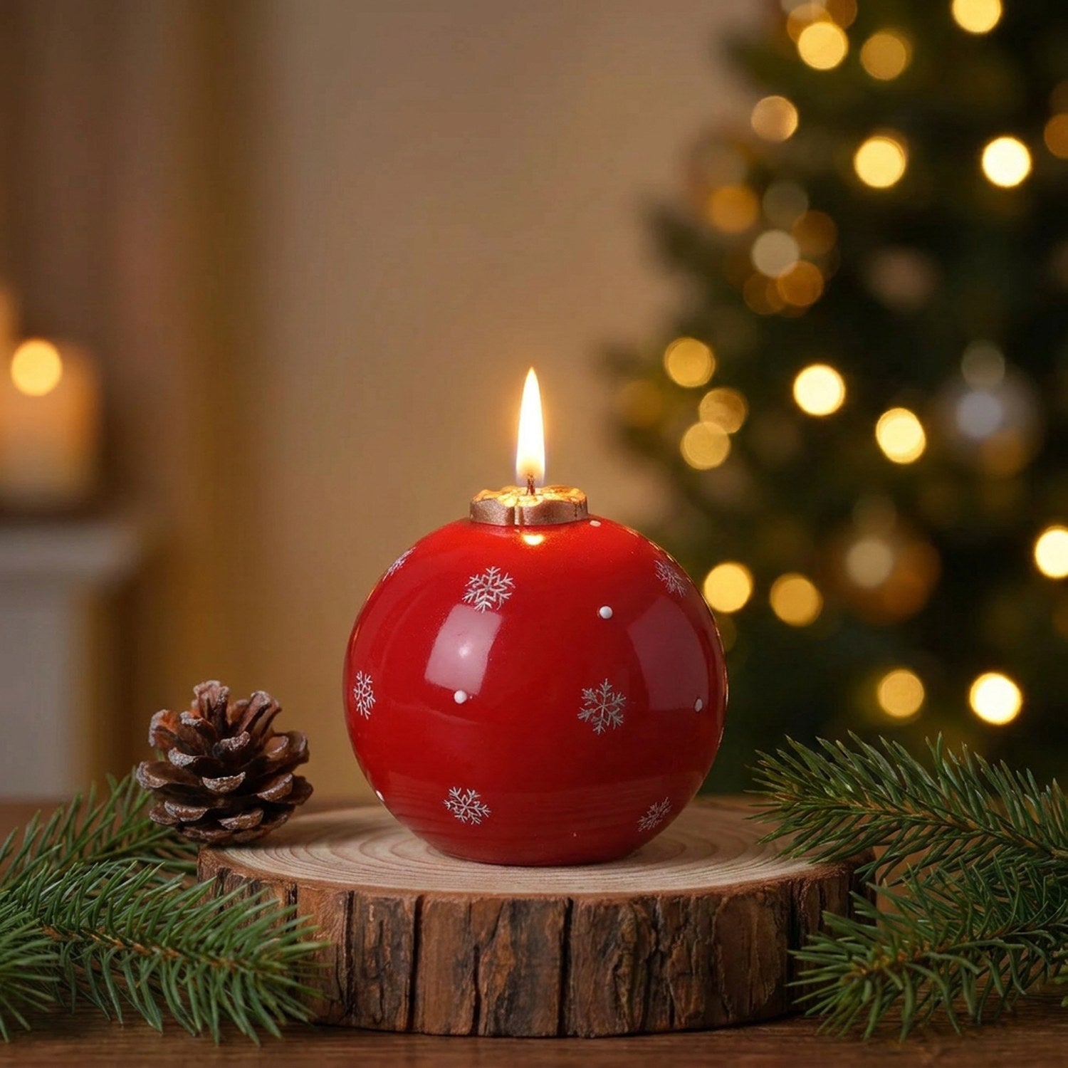 Bougie parfumée de Noël rouge en forme de boule avec flocons de neige allumée sur une table festive