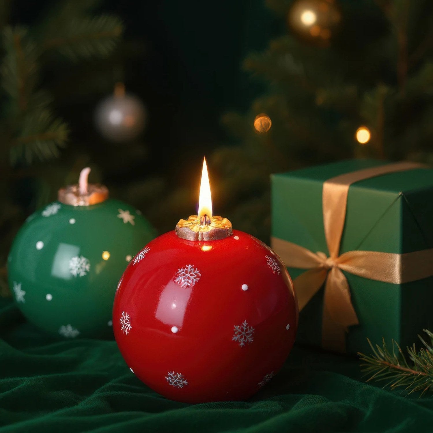 Bougie parfumée de Noël rouge et verte allumées près d'un cadeau et d'un sapin