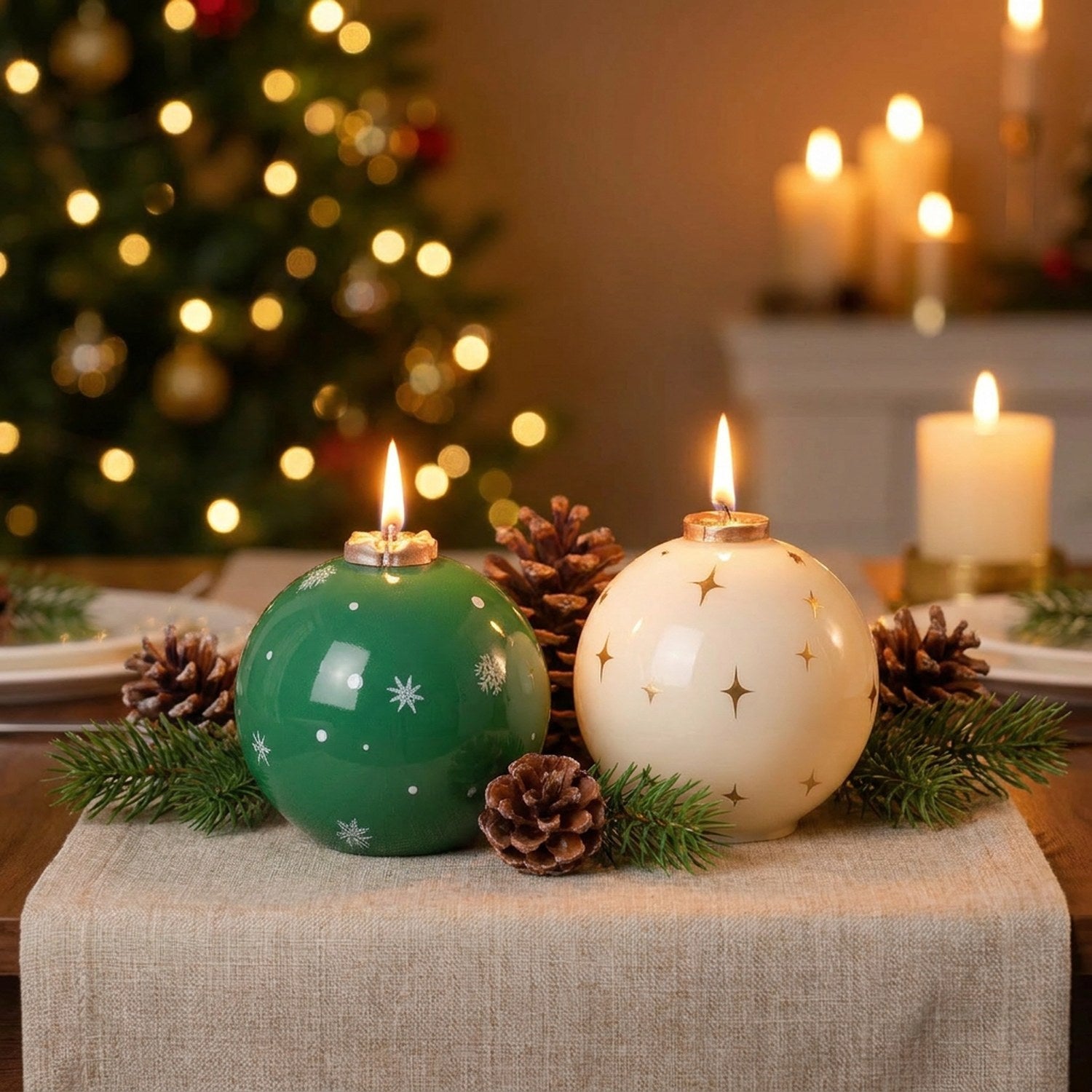 Bougies parfumées de Noël verte et blanche en centre de table festive