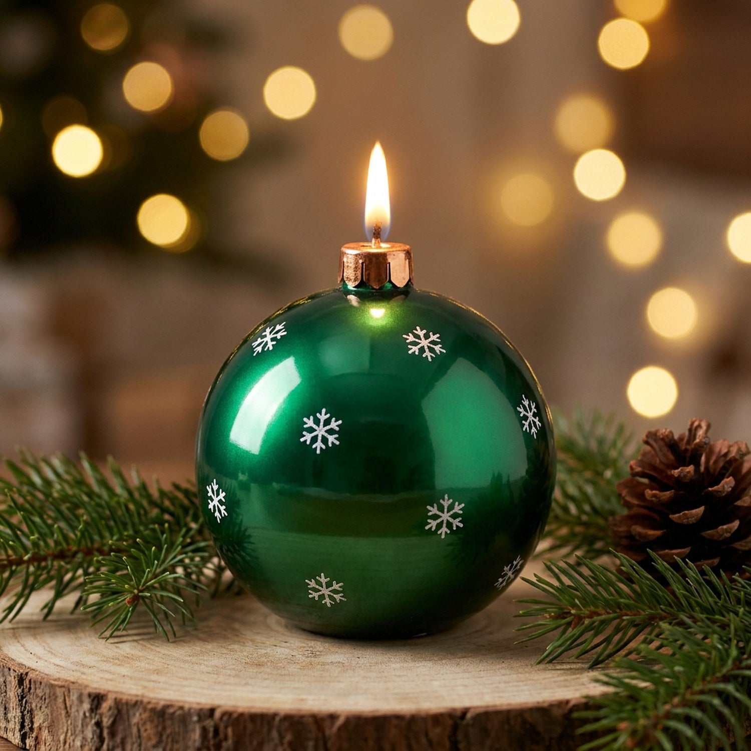 Bougie parfumée de Noël verte en forme de boule avec flocons de neige allumée