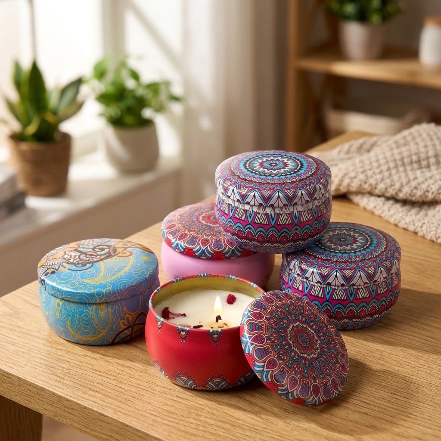 Coffret de quatre bougies parfumées dans des boîtes métalliques rondes vintage décorées de motifs mandala colorés sur table en bois