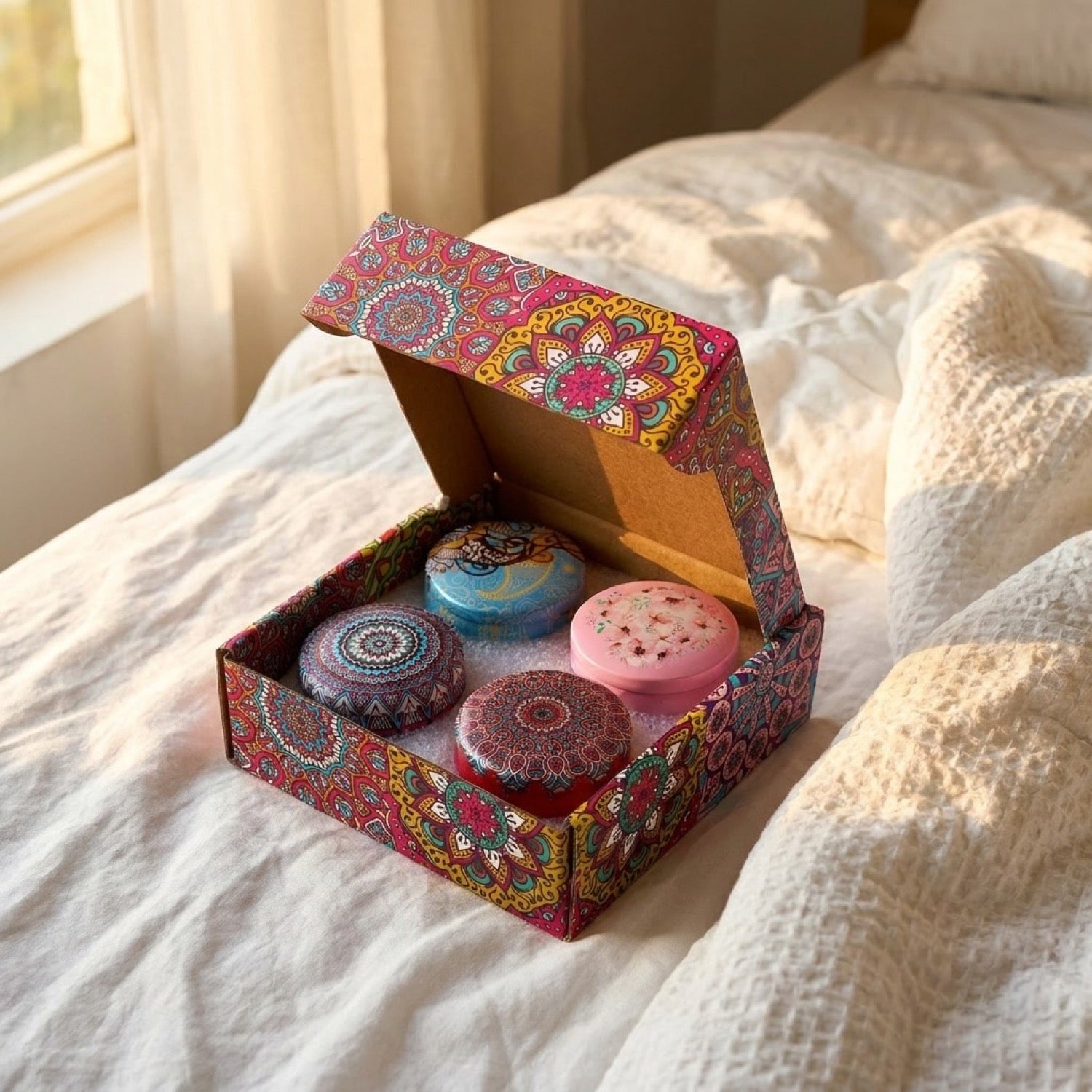 Coffret cadeau de 4 bougies parfumées ouvert sur lit blanc avec lumière matinale