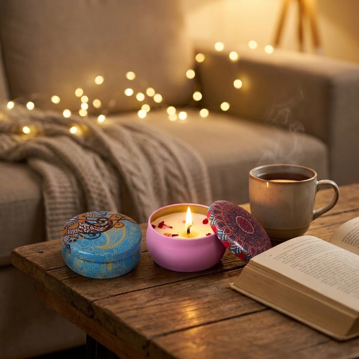Deux bougies parfumées sur table basse en bois avec livre et tasse de thé ambiance cocooning