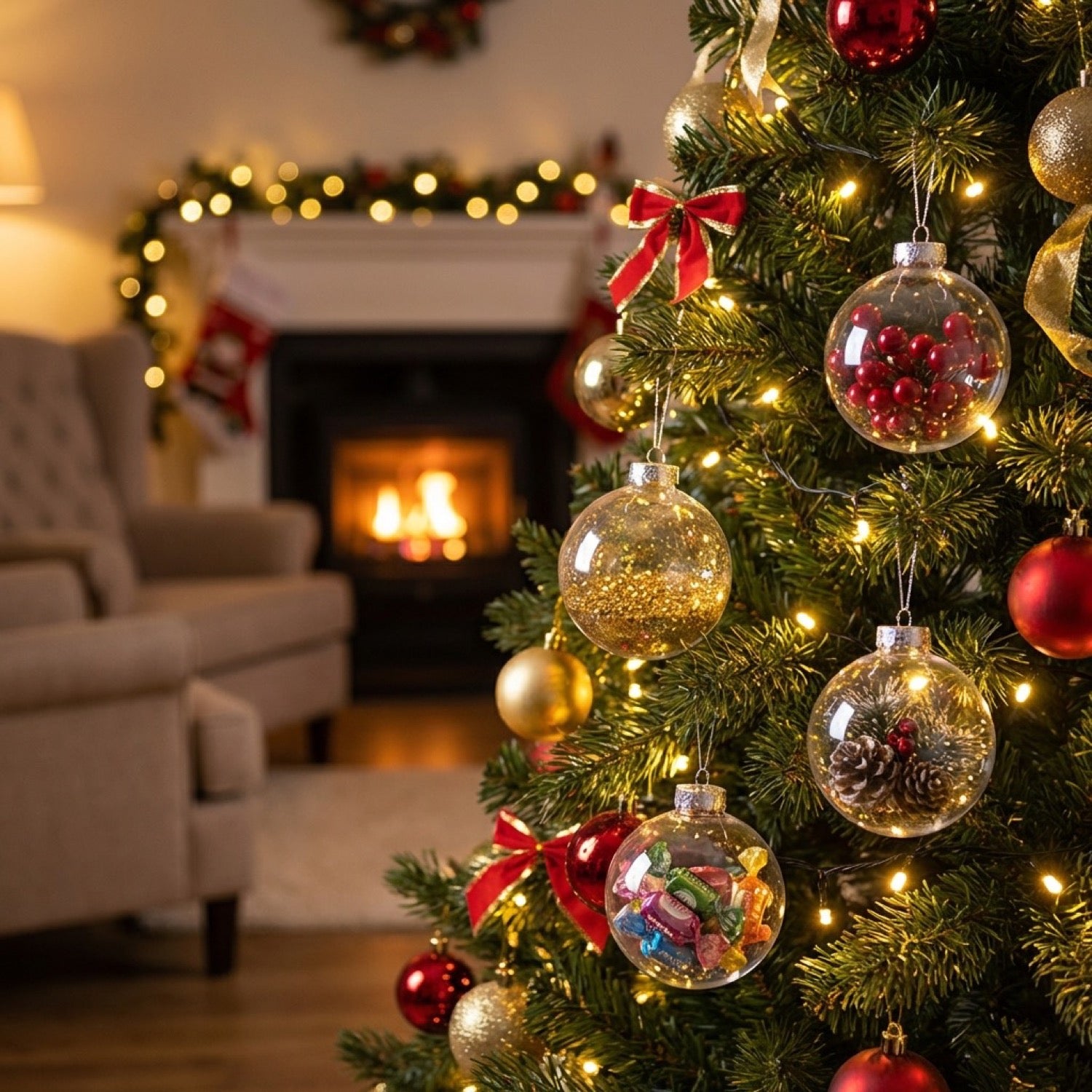 Boules de Noël transparentes remplies accrochées sur sapin décoré
