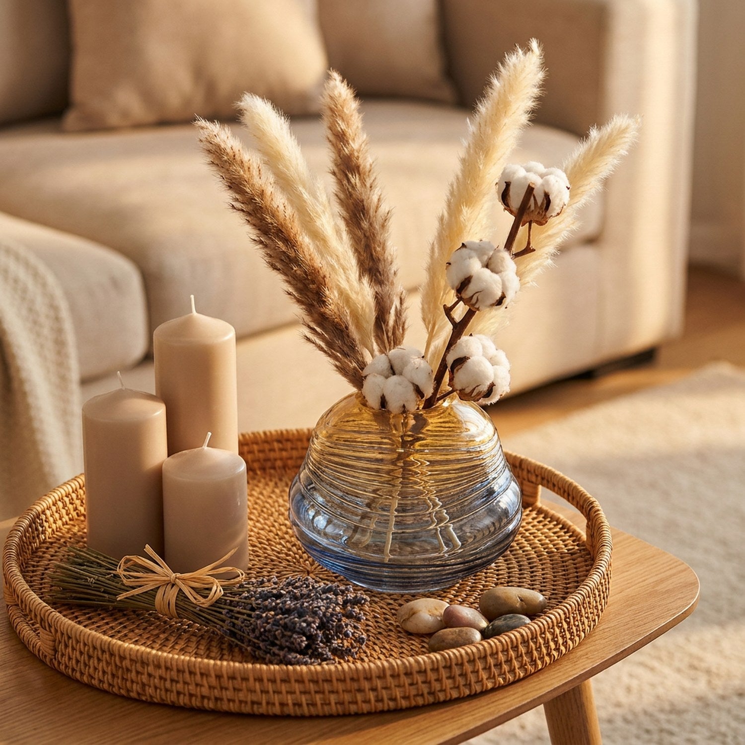 Vase boule verre dégradé plateau rattan table basse ambiance cosy