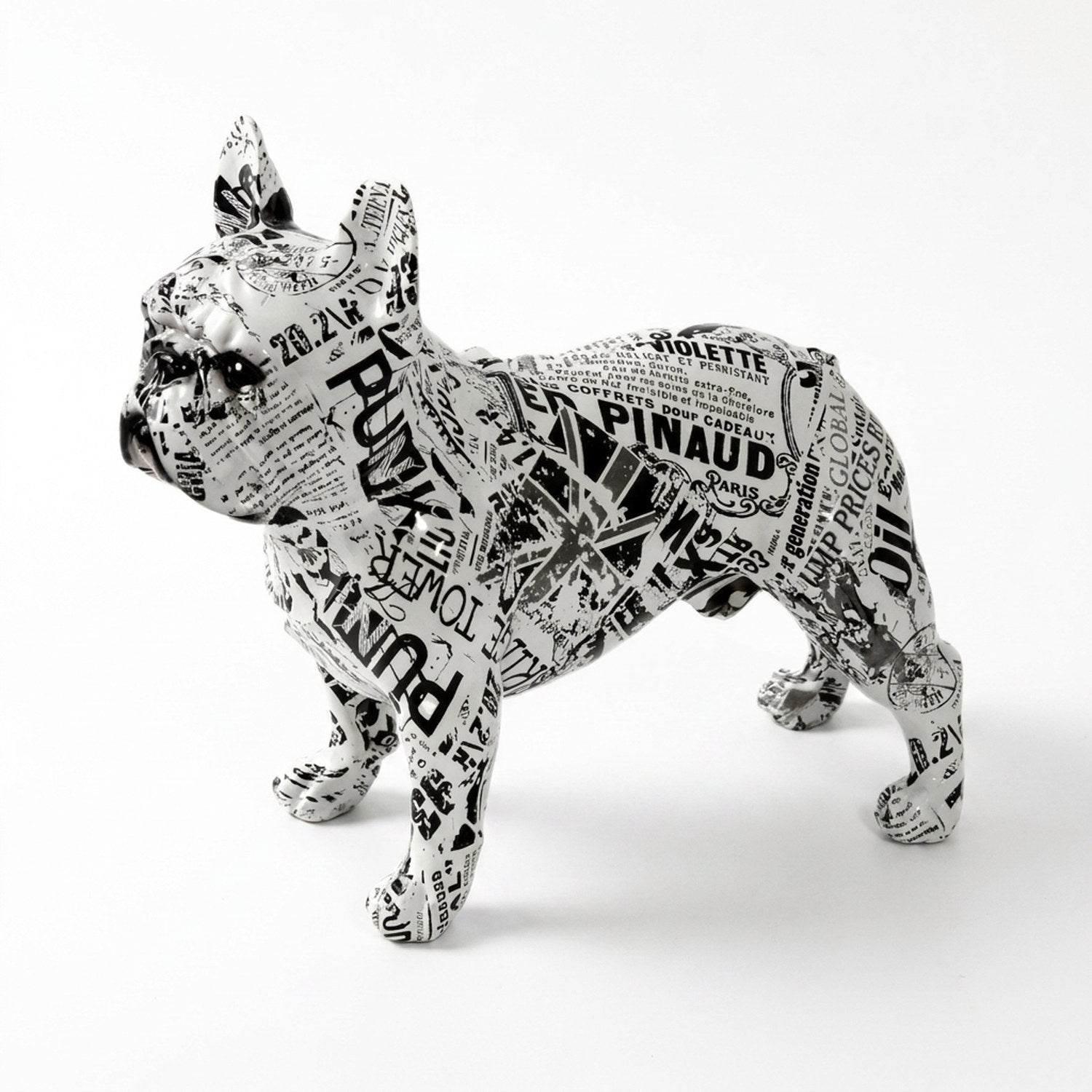 Statue bouledogue français motif journal noir et blanc debout