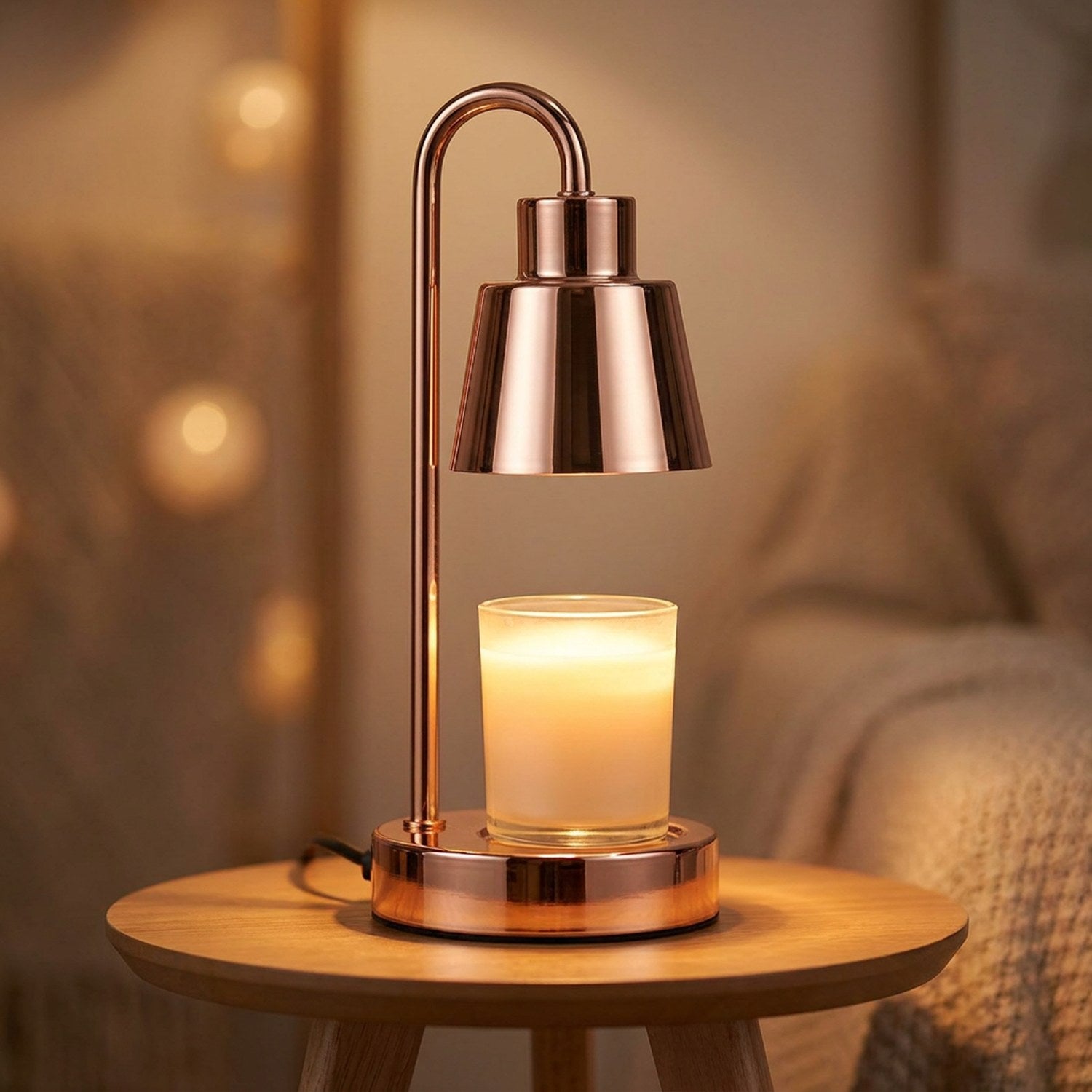 Lampe chauffe-bougie cuivrée allumée sur une petite table ronde en bois