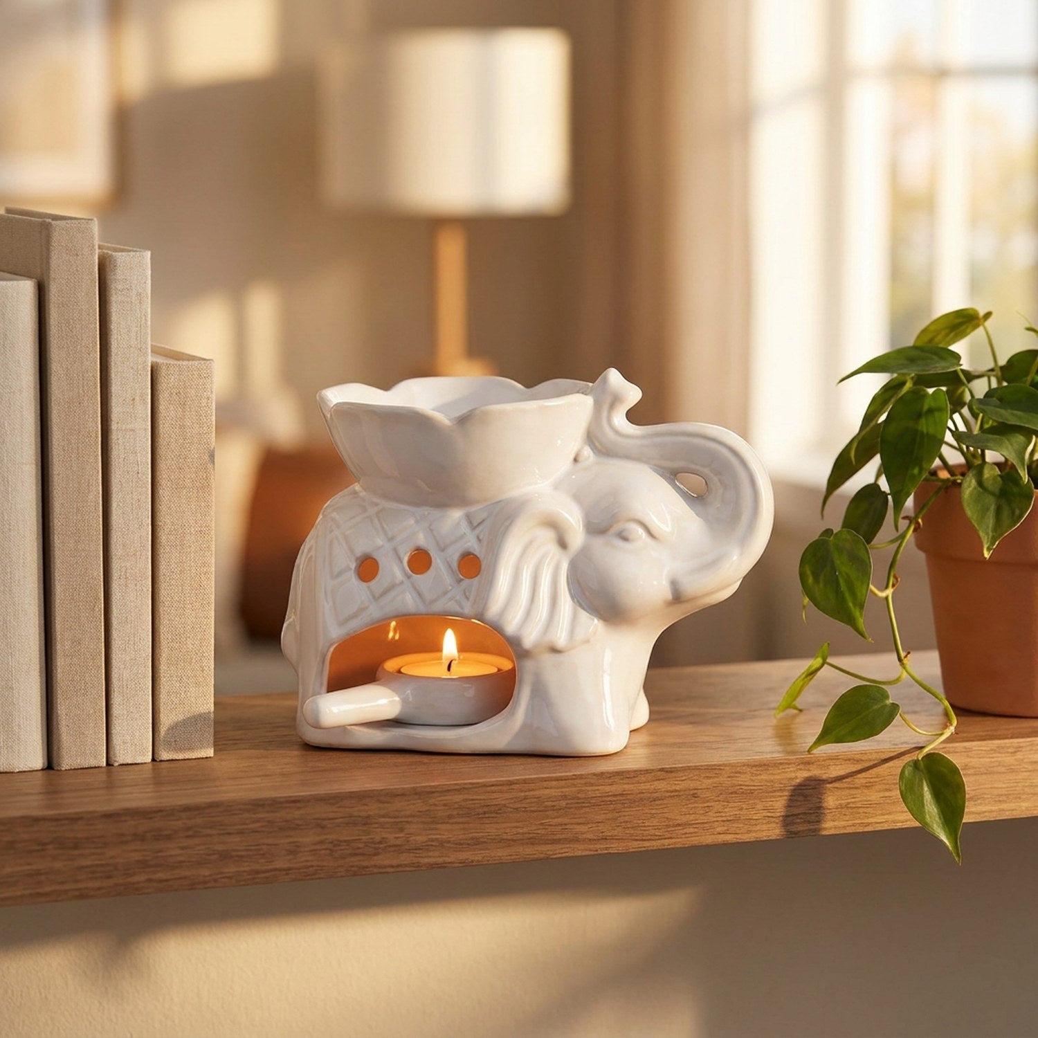 Brûle-parfum éléphant allumé sur une étagère de salon avec livres et plante verte