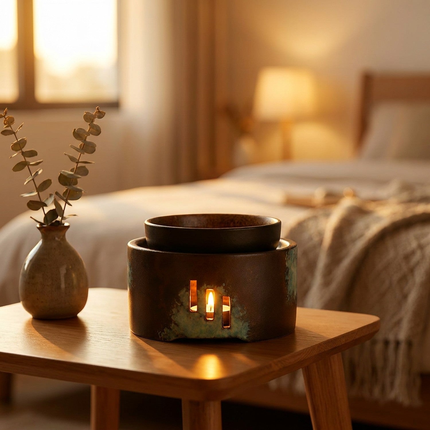 Brûle-parfums céramique sur table de chevet dans une chambre dorée au crépuscule