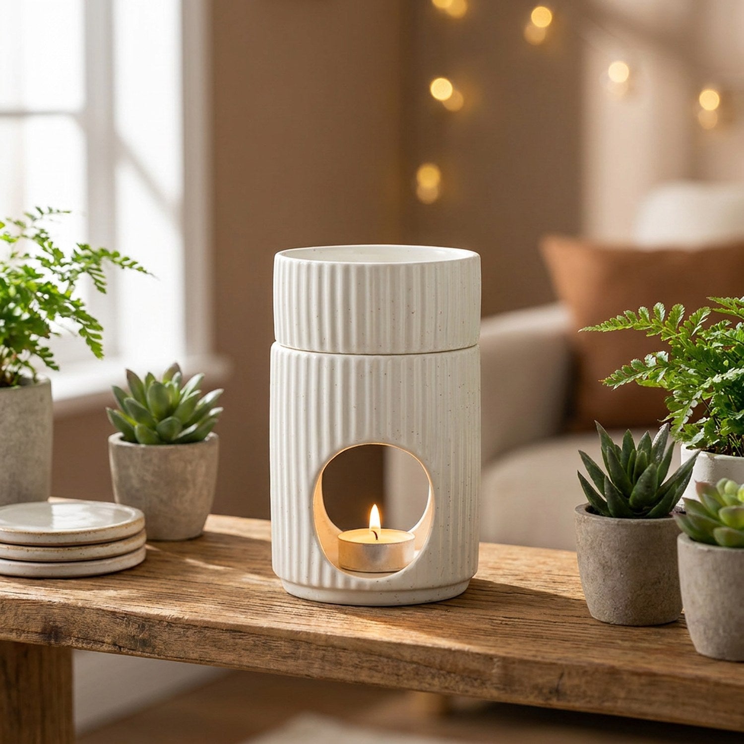 Brûleur d'encens blanc sur étagère en bois entouré de succulentes