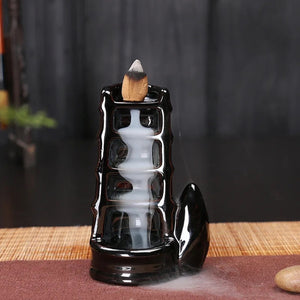 Brûleur encens refoulement céramique noir motif bambou