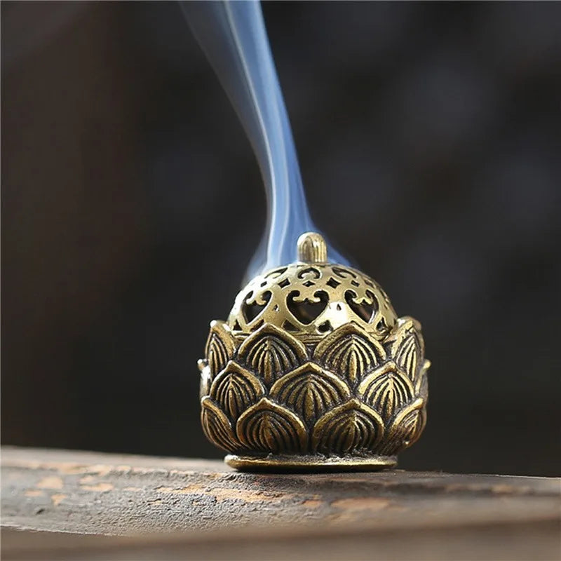 Brûleur d'encens bouddhiste lotus en laiton vue produit 1