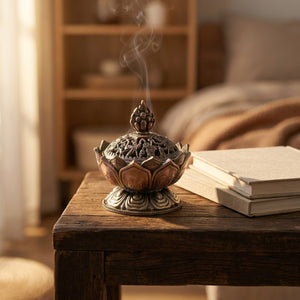 Encensoir bouddhiste fleur de lotus sur table en bois à la lumière dorée du soir