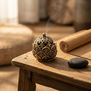 Brûleur d'encens bouddhiste dans coin méditation avec natte bambou et pierre lisse lumière dorée