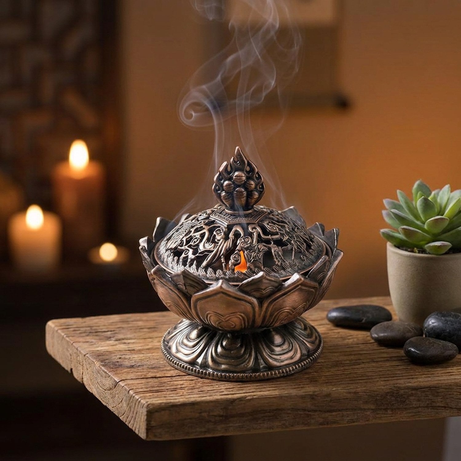 Brûleur d'encens lotus posé sur une étagère zen avec bougie allumée et pierres naturelles