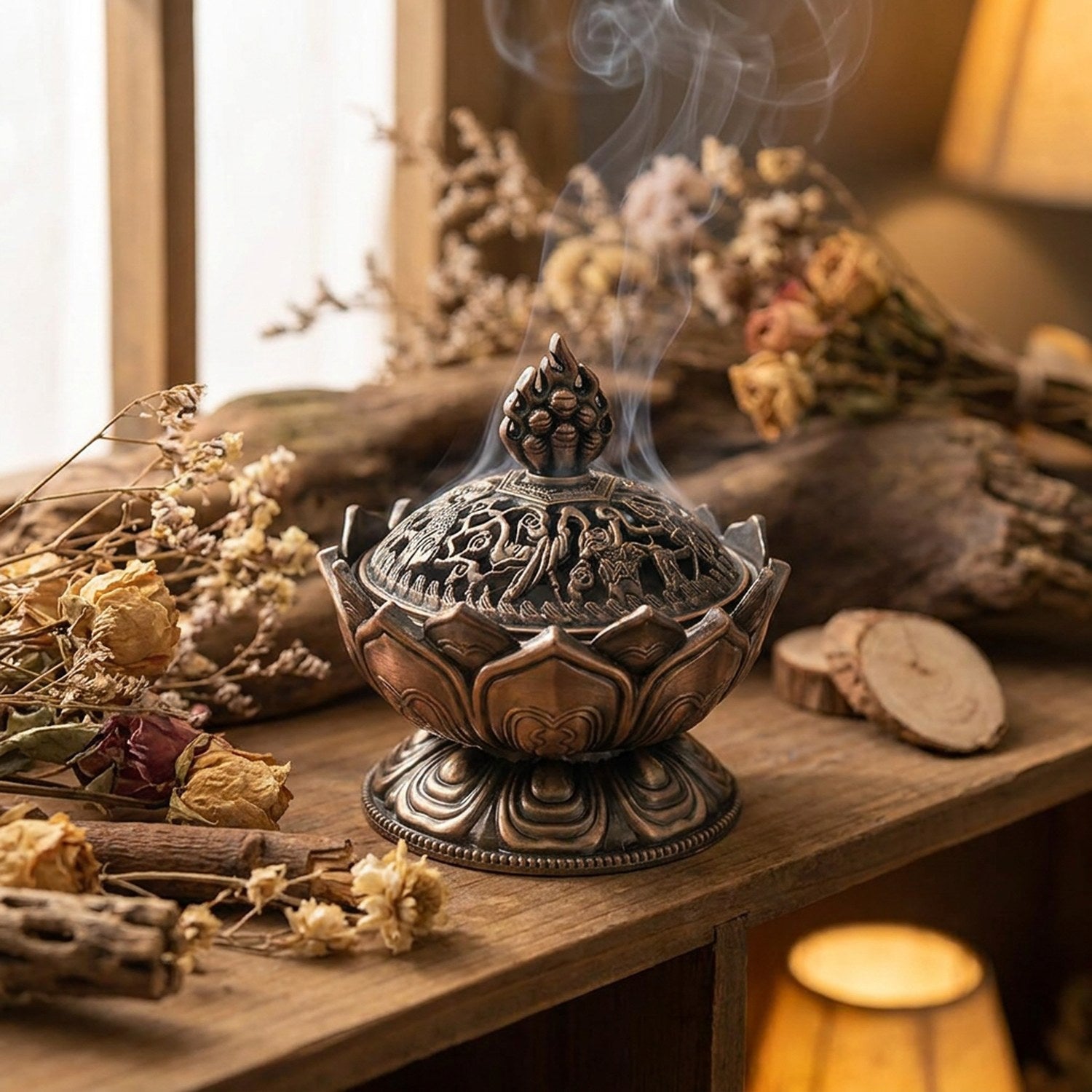 Brûleur d'encens fleur de lotus en métal bronze posé sur une surface en bois dans un intérieur zen