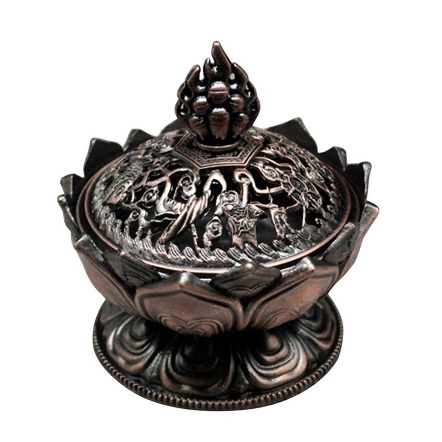 Brûleur d'encens fleur de lotus en métal bronze rouge sur fond blanc