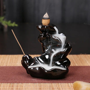 Brûleur encens refoulement céramique noir motif lotus