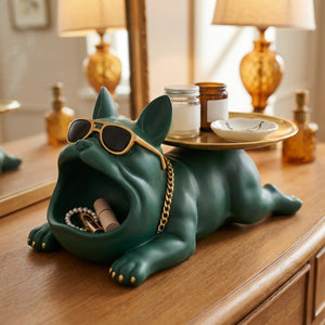 Sculpture bulldog décoratif résine vert plateau doré compartiment rangement