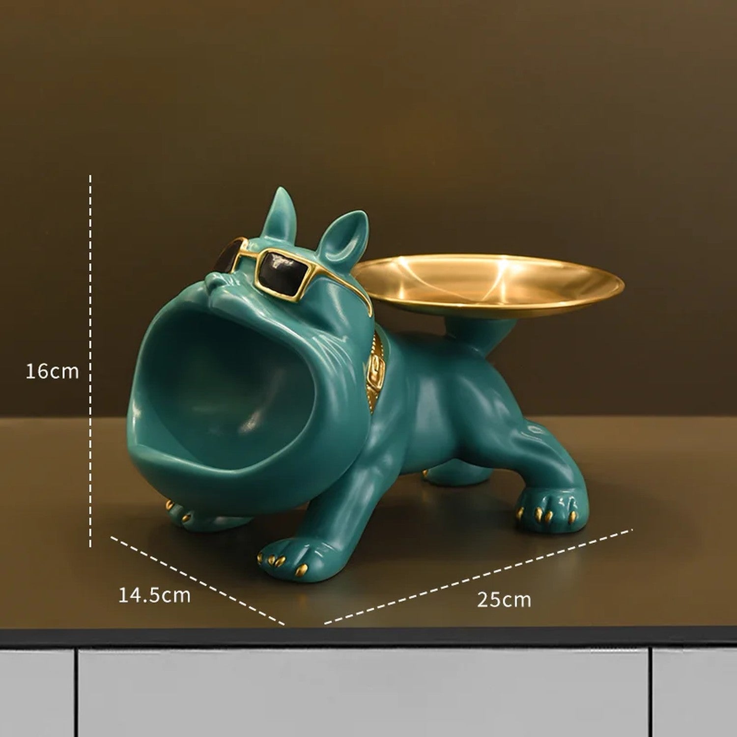 Dimensions sculpture bulldog résine 16cm H x 14,5cm L x 25cm
