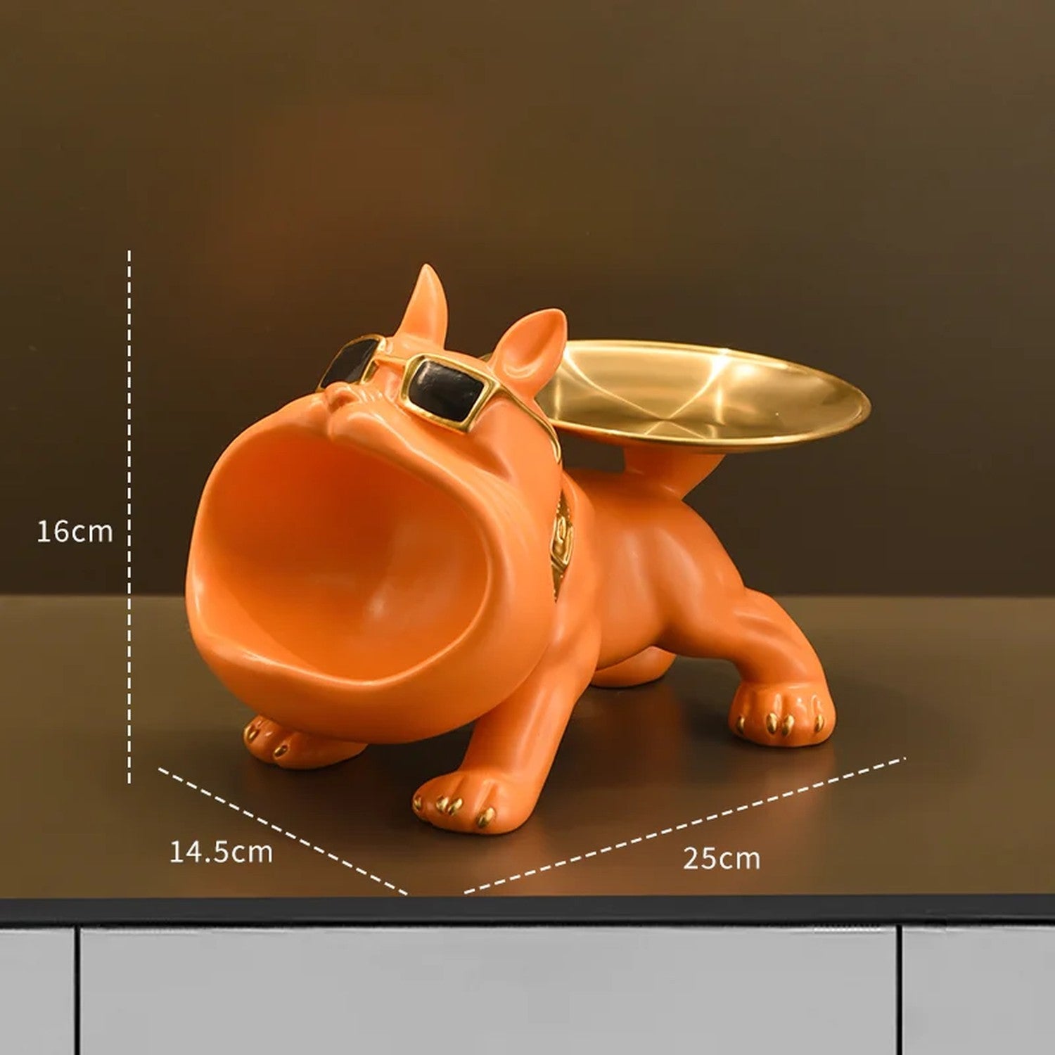 Dimensions sculpture bulldog orange 16cm H x 14,5cm L x 25cm