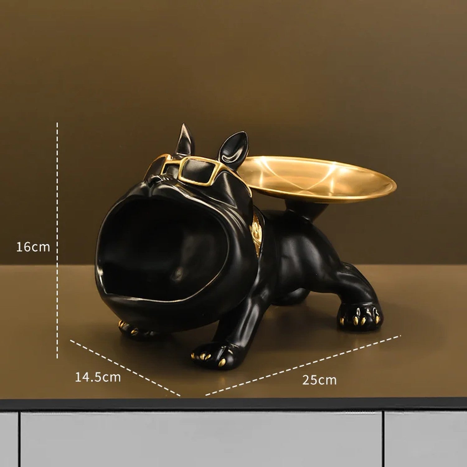 Dimensions sculpture bulldog noir 16cm H x 14,5cm L x 25cm