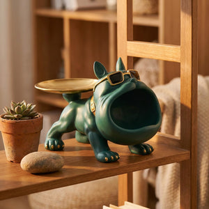 Bulldog résine vert étagère bois décoration salon