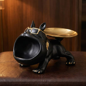 Bulldog décoratif résine noir mat avec plateau et accessoires dorés