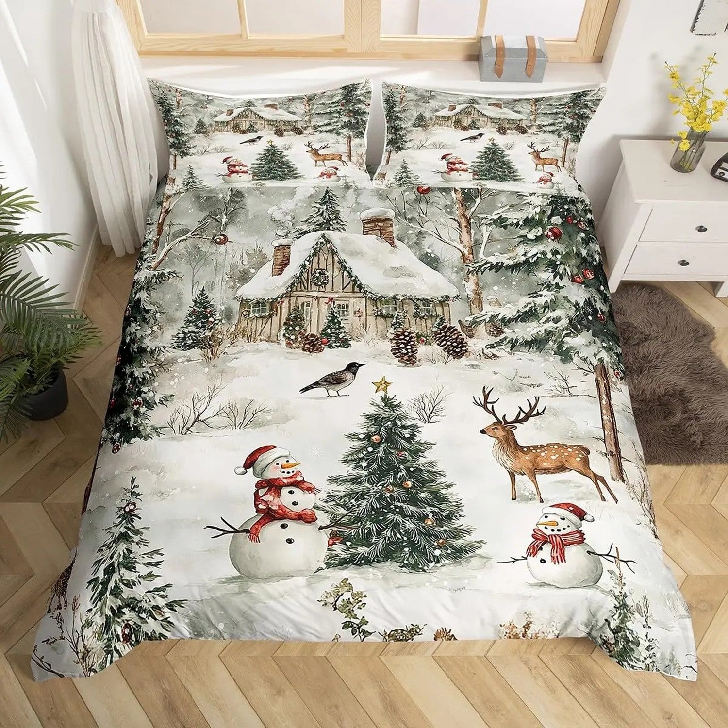 Motif bonhomme de neige sapin et cerf sur housse de couette de Noël