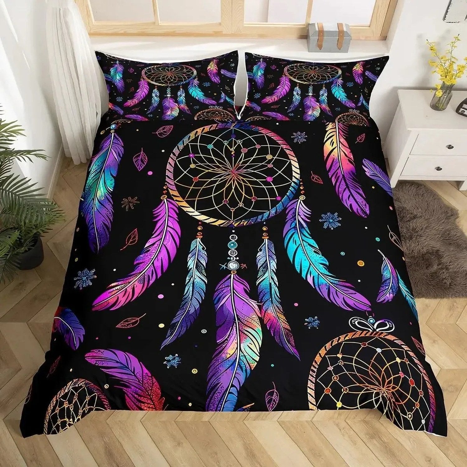 Parure de lit attrape-rêves plumes violettes et turquoise modèle Nuit boho