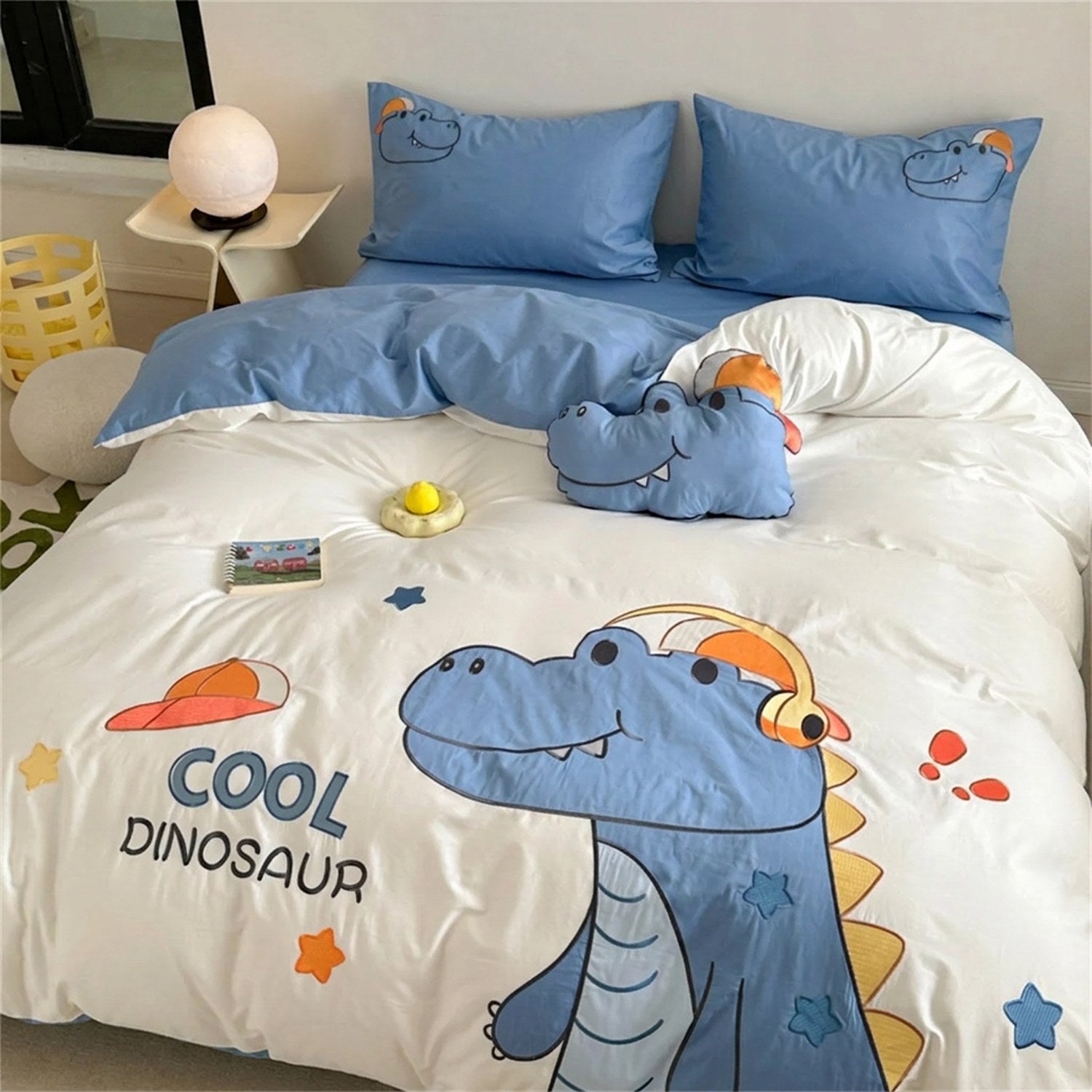 Housse de couette blanche motif cool dinosaure bleu avec taies imprimées