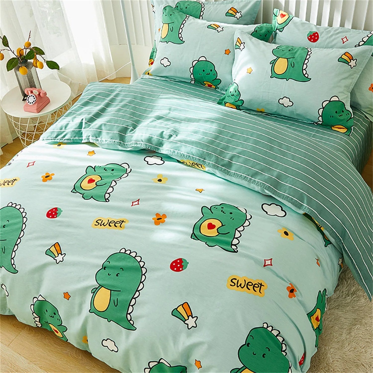 Housse de couette verte motif dinosaure mignon avec rayures au dos