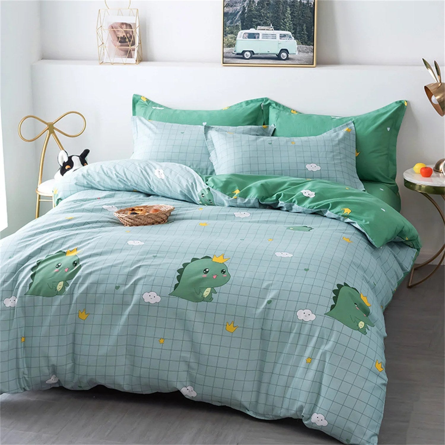 Housse de couette vert clair à quadrillage motif dinosaure couronné