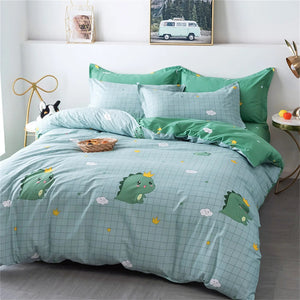 Housse de couette vert clair à quadrillage motif dinosaure couronné