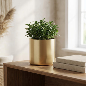 Cache-pot cylindrique doré avec plante posé sur une console dans un salon moderne