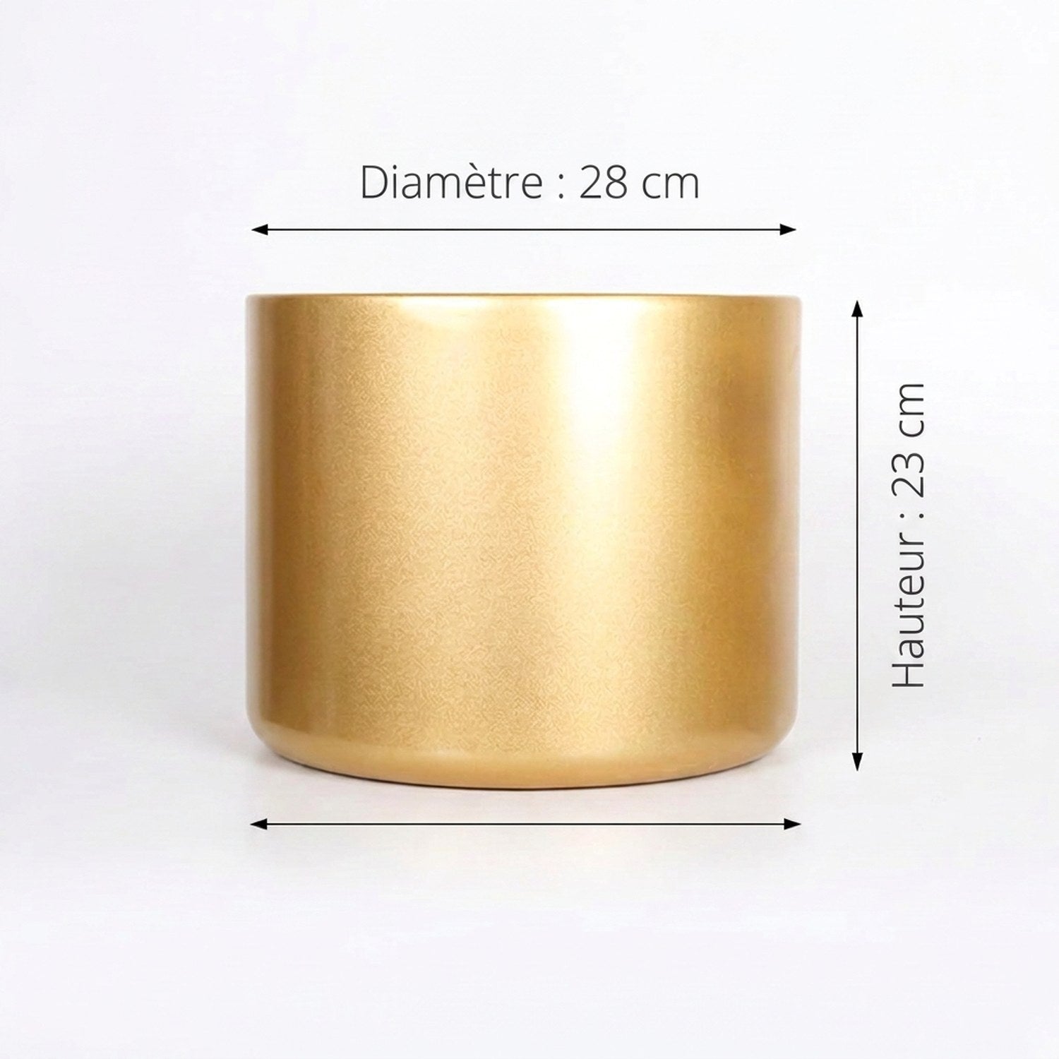 Dimensions du cache-pot cylindrique doré en métal, 28 cm de diamètre et 23 cm de hauteur