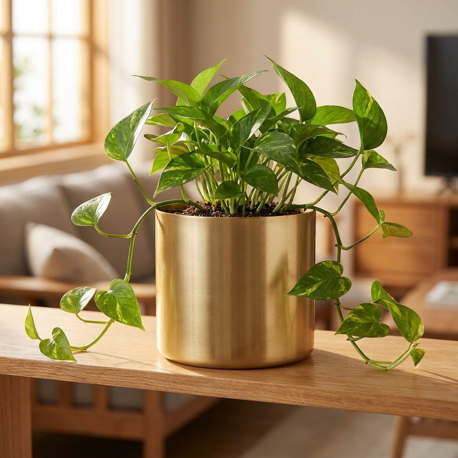 Cache-pot cylindrique doré en métal avec une plante verte sur une étagère en bois