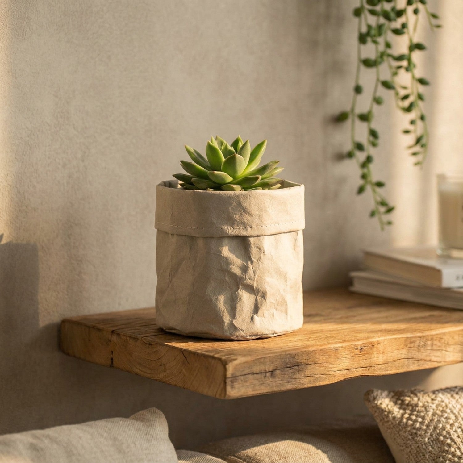 Cache-pot en papier kraft gris avec une succulente sur une etagere en bois