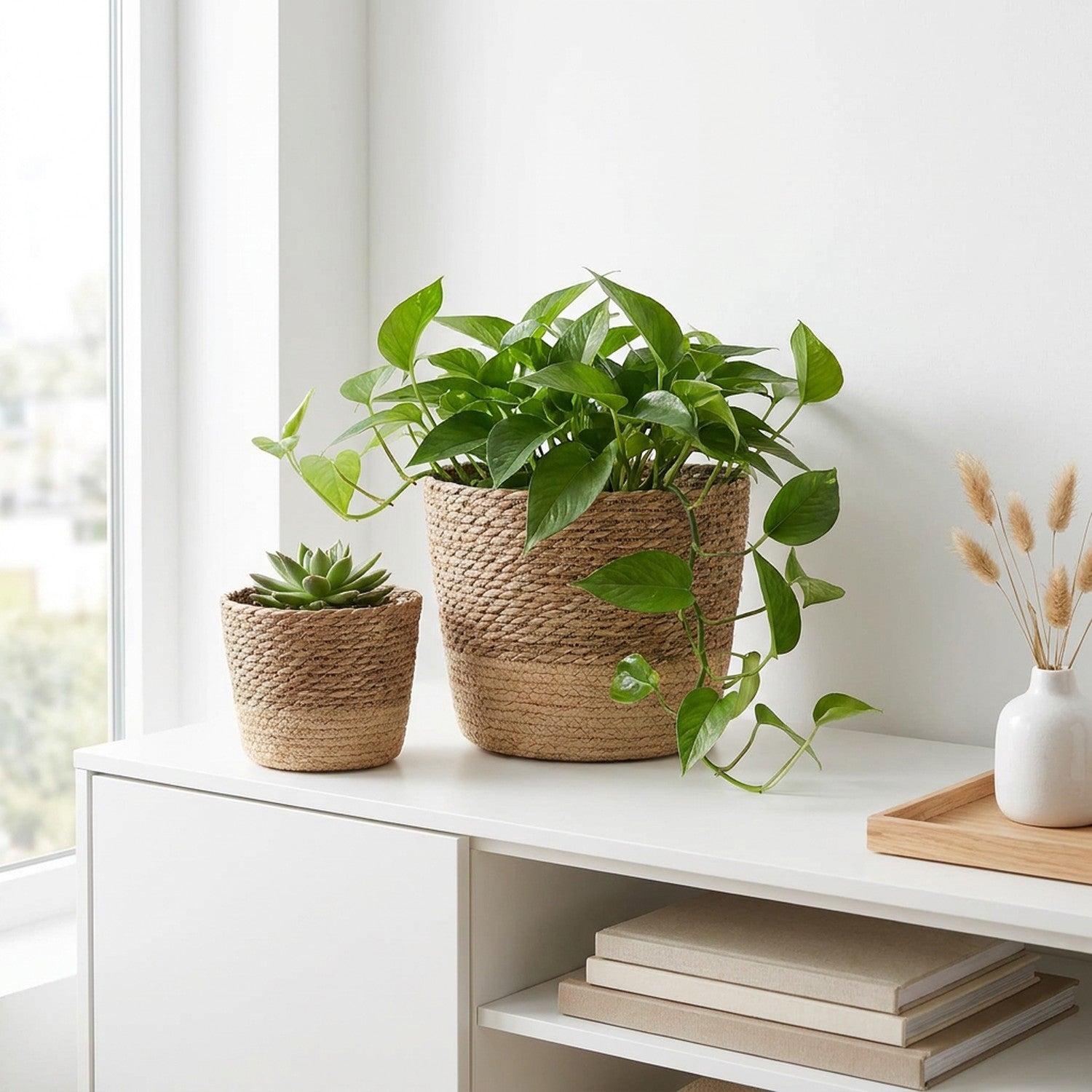 Cache-pots en osier naturel avec plantes vertes sur buffet blanc dans un salon scandinave