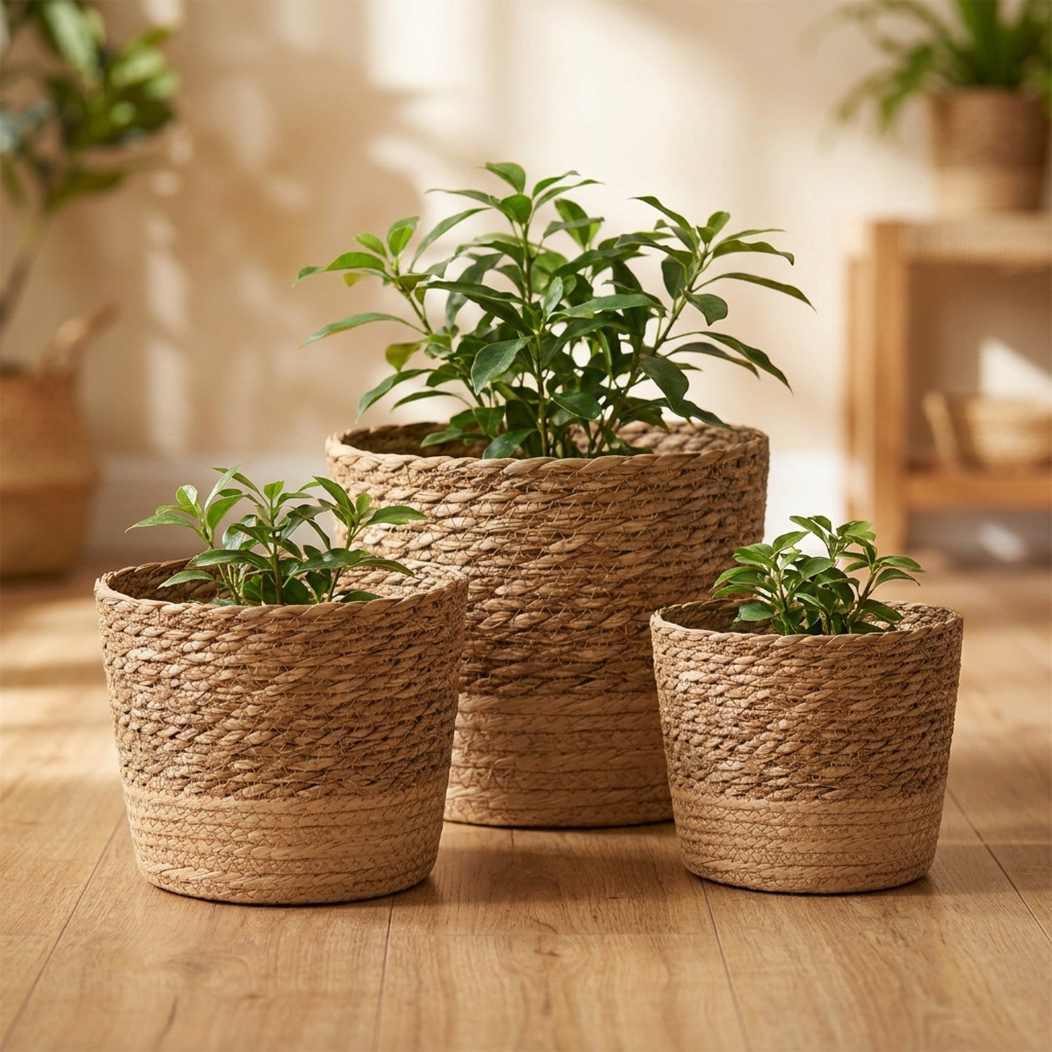 Lot de 3 cache-pots en osier naturel avec plantes vertes