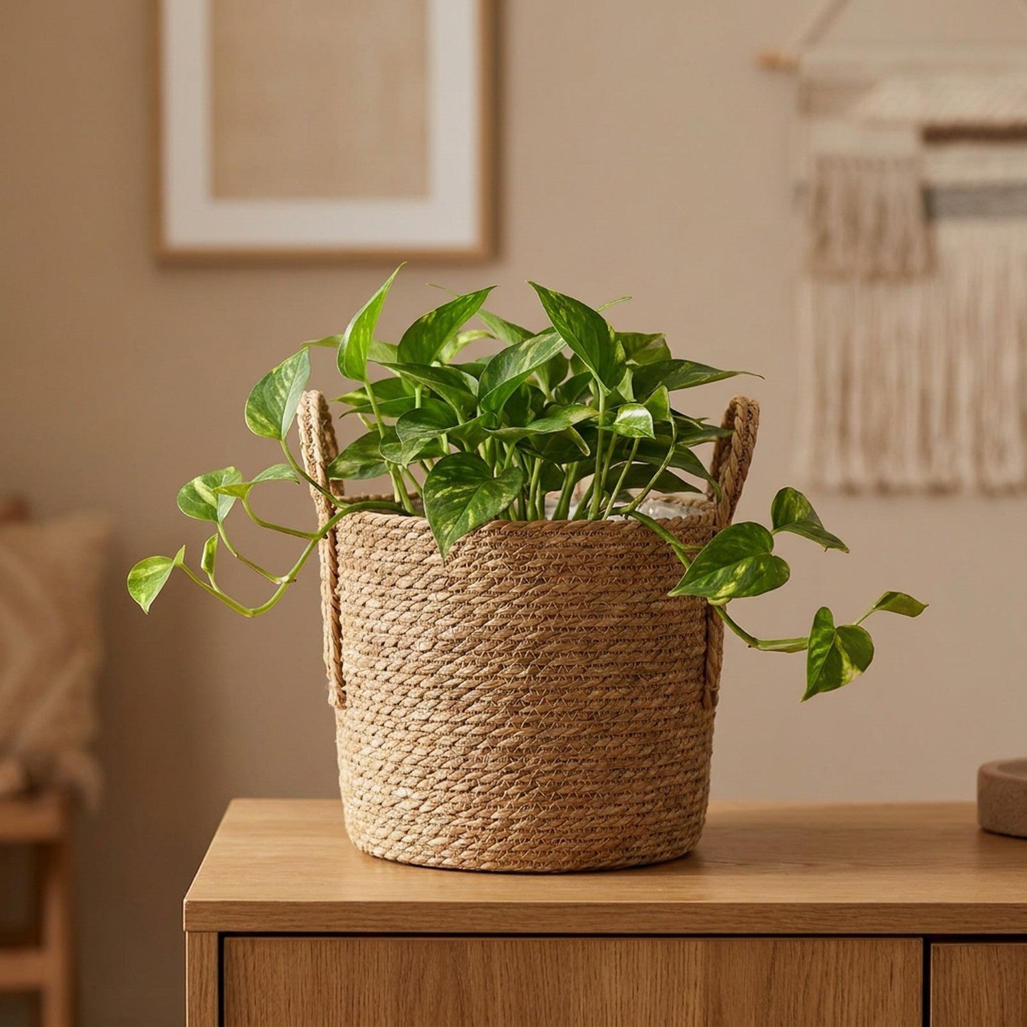 Cache-pot en paille tressée avec un pothos retombant sur un buffet en bois dans un intérieur bohème