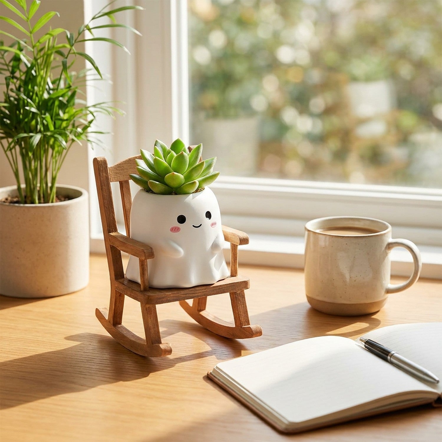 Pot visage souriant sur bureau cosy avec mug et carnet, lumière naturelle