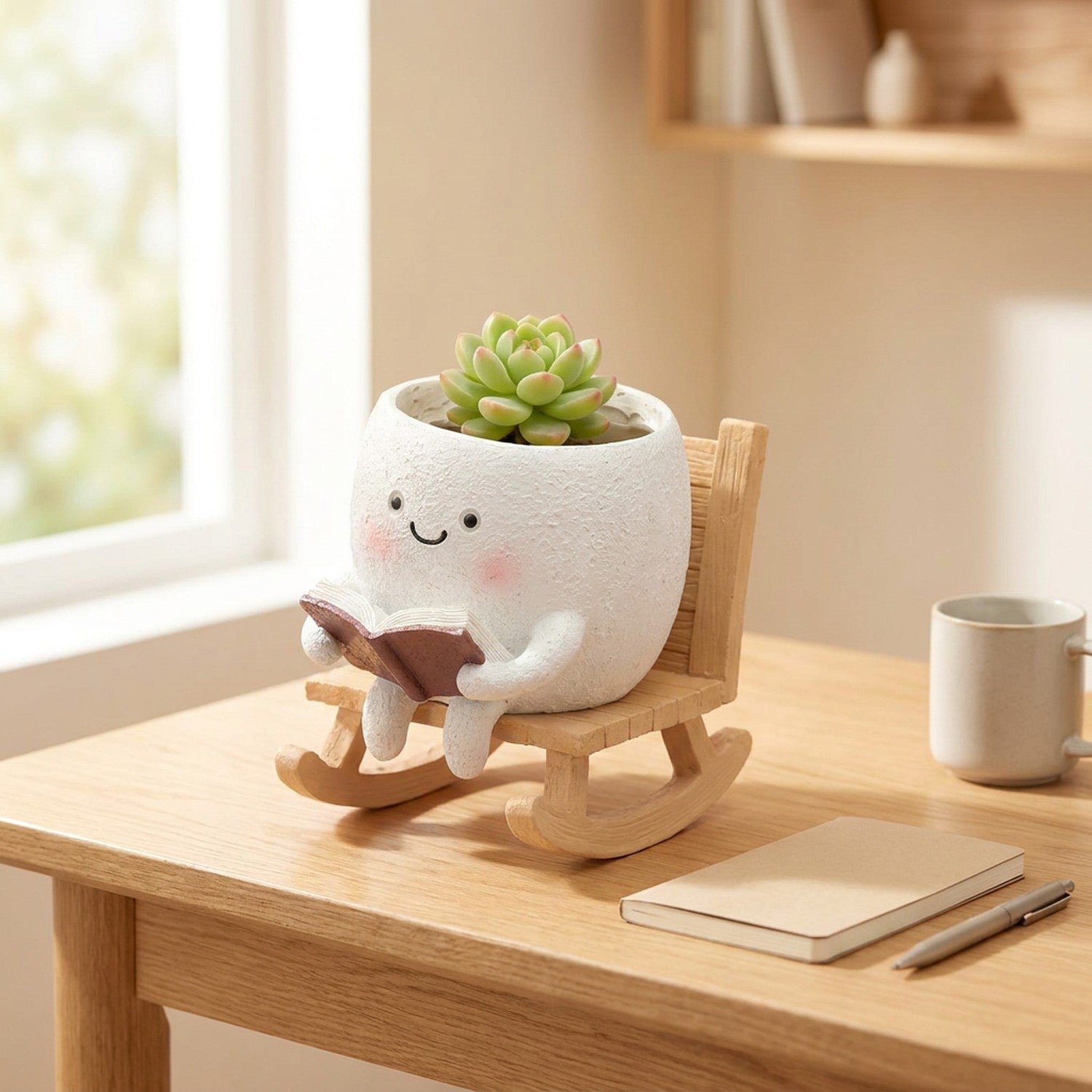 Cache-pot visage souriant en résine dans fauteuil à bascule en bois avec succulent