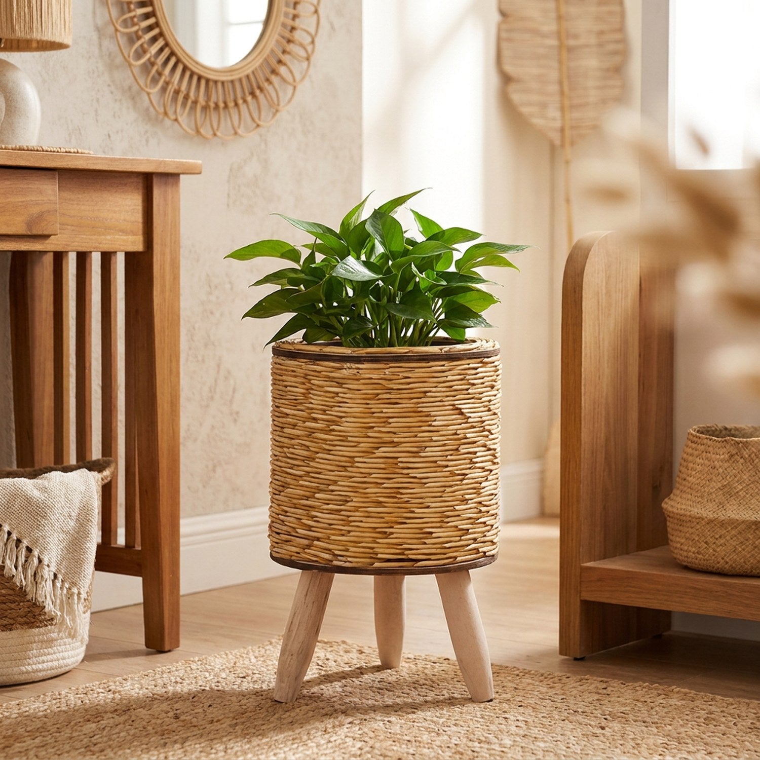 Cache-pot en rotin dans une entrée bohème avec console en bois